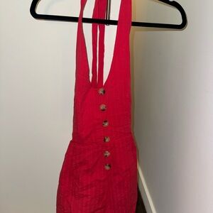 Red Button-Front Halter Romper